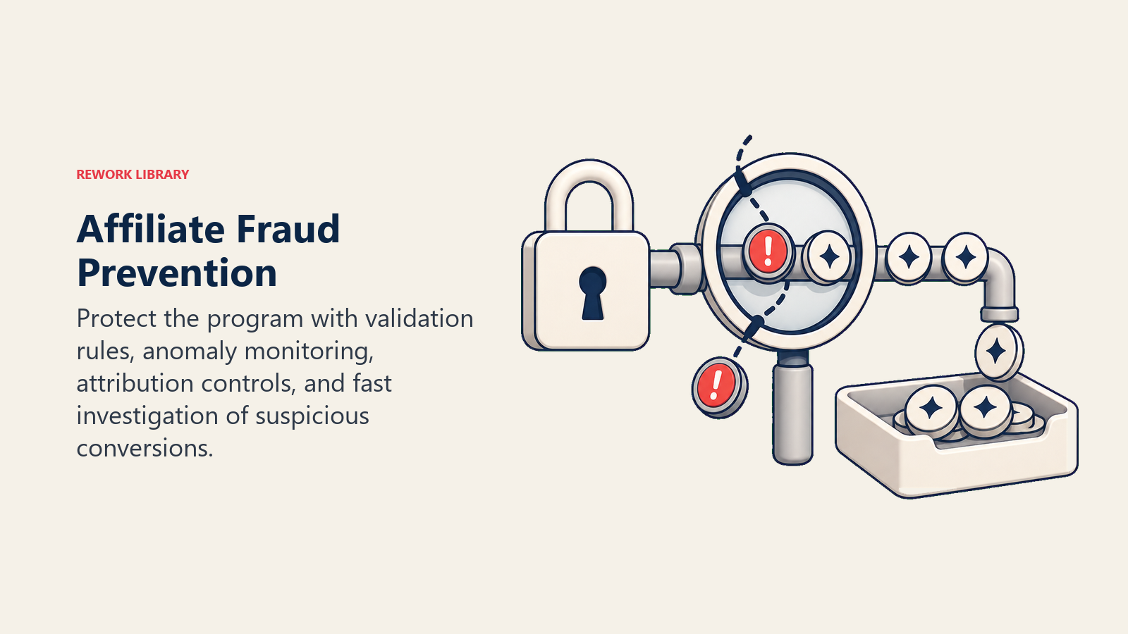 Affiliate Fraud Prevention illustrated by a security lock and inspection lens filtering suspicious conversion tokens before a clean payout tray