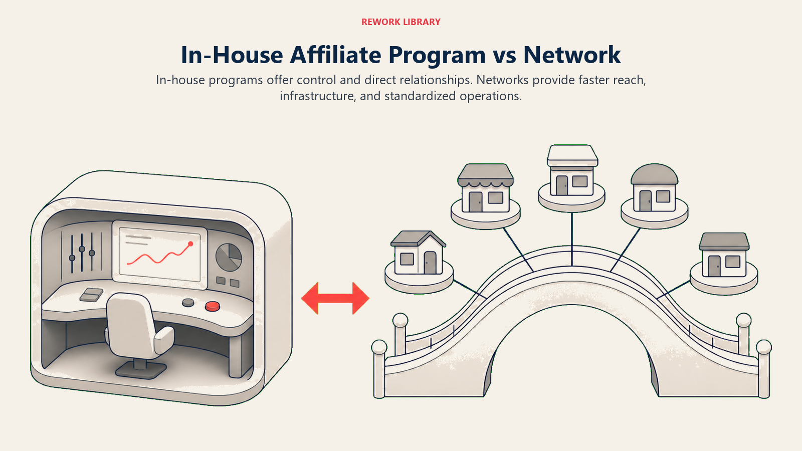 In-House Affiliate Program vs Network illustrated by a direct comparison between a custom merchant control room and a broad partner marketplace bridge