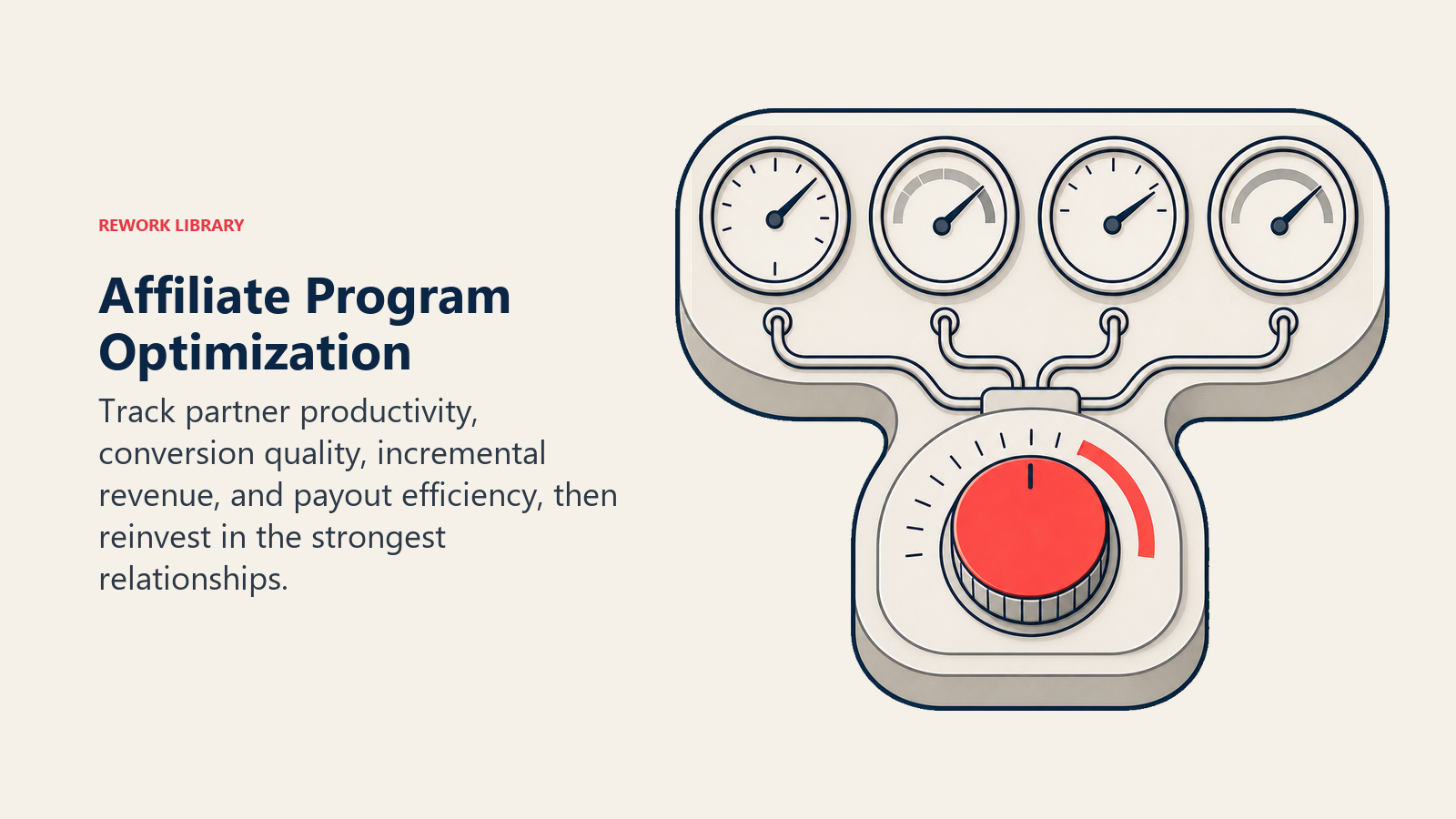 Affiliate Program Optimization illustrated by a performance tuning console with four physical gauges feeding one coral optimization dial