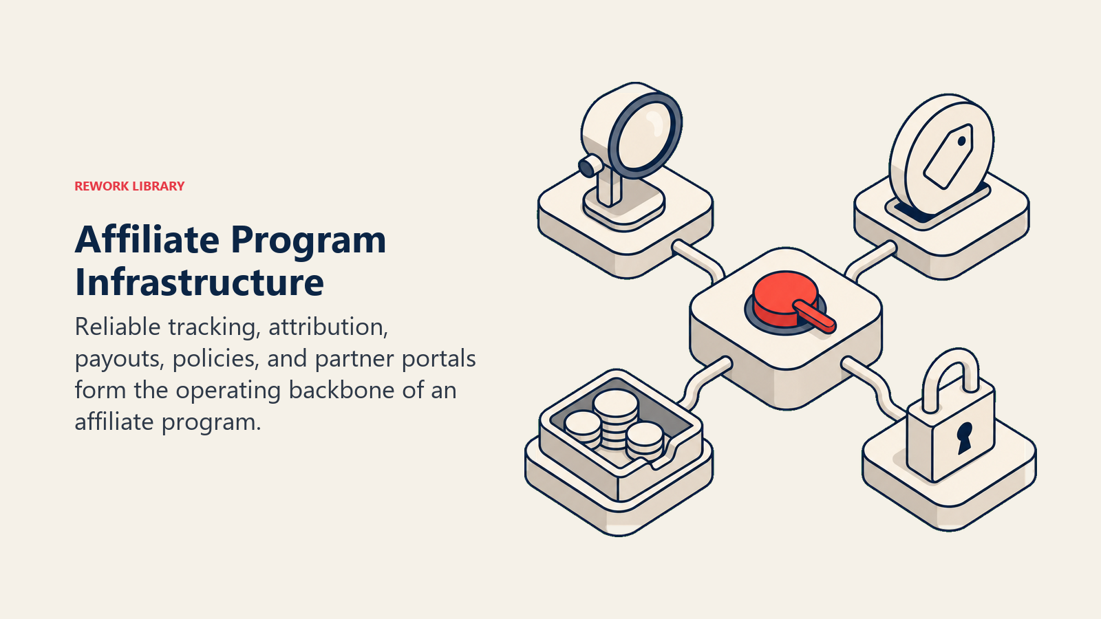 Affiliate Program Infrastructure illustrated by a compact merchant switchboard connecting a tracking lens, attribution token, payout tray, and policy lock