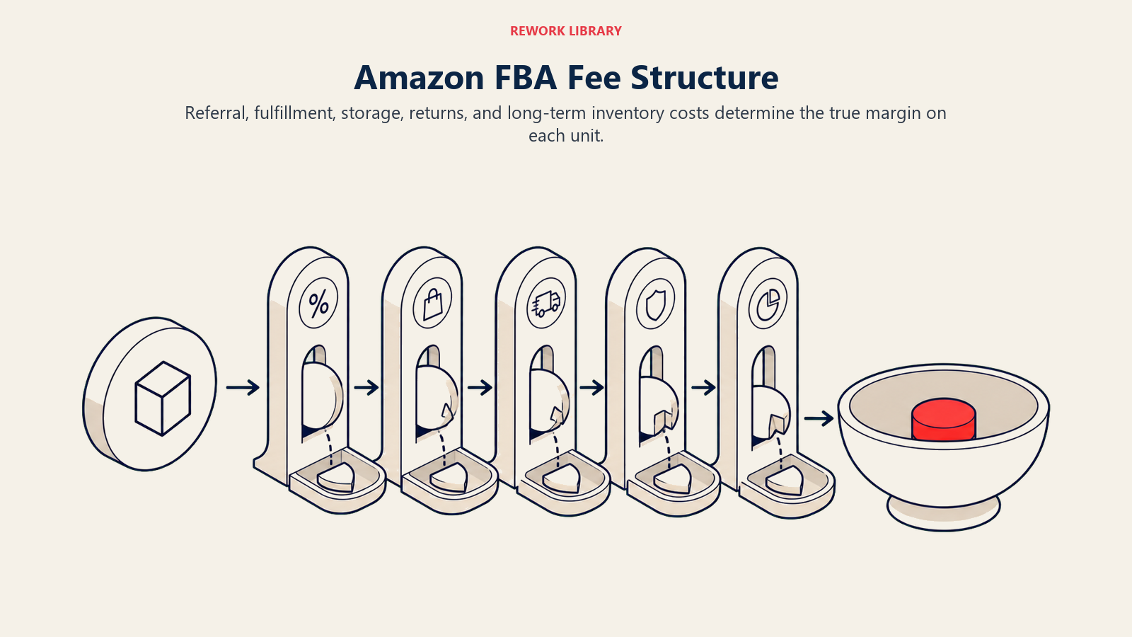 Amazon FBA Fee Structure shown as five FBA fee gates in a Rework Library editorial illustration