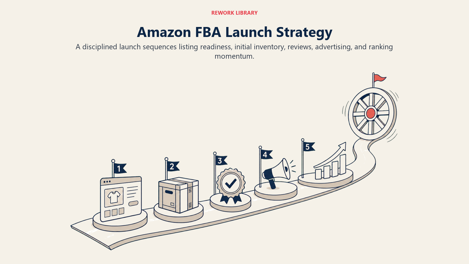 Amazon FBA Launch Strategy shown as five-stage FBA launch runway in a Rework Library editorial illustration