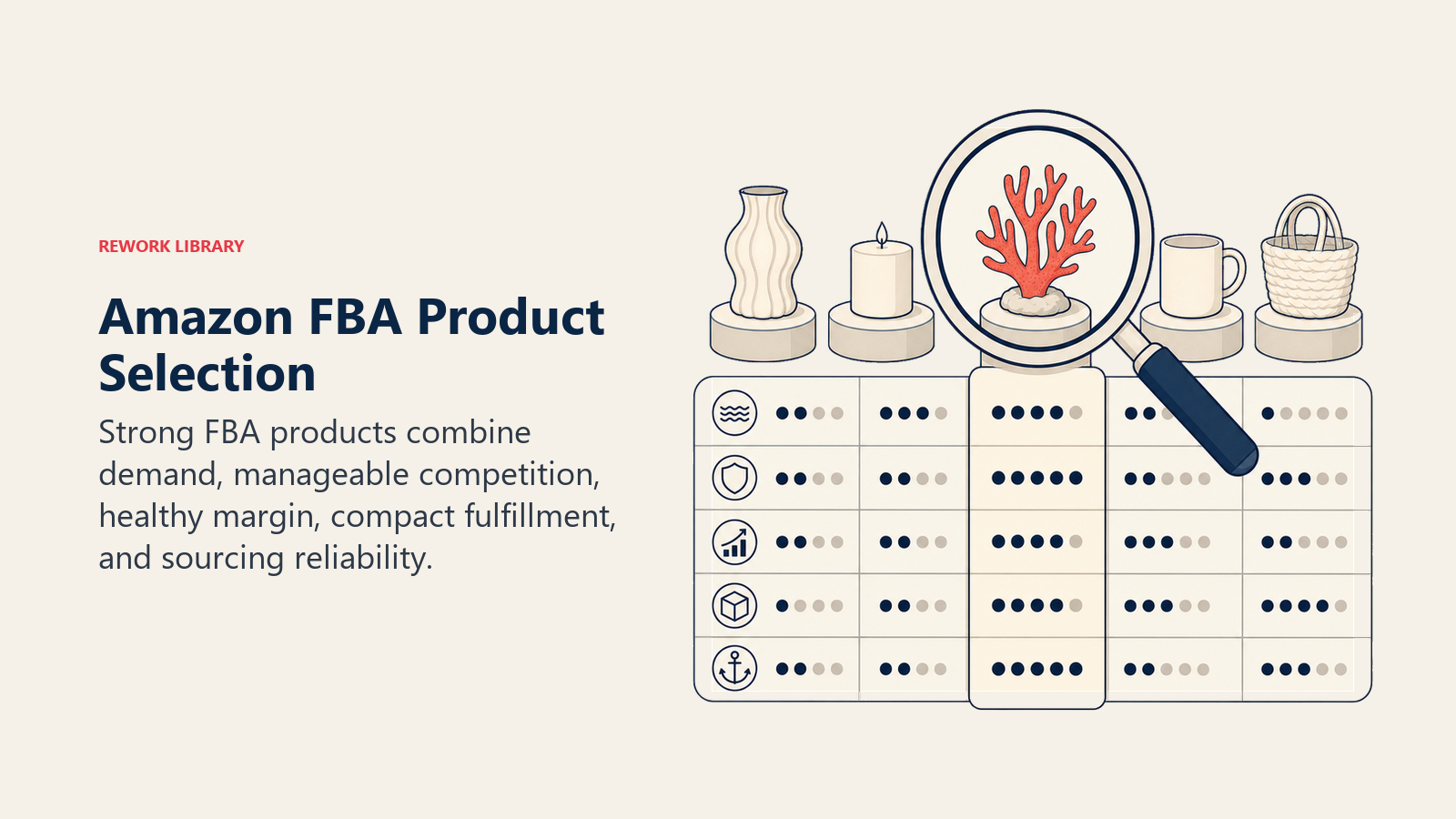 Amazon FBA Product Selection shown as FBA product selection lens in a Rework Library editorial illustration