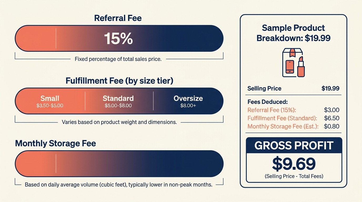 Amazon FBA fee structure breakdown including referral, fulfillment, and storage fees