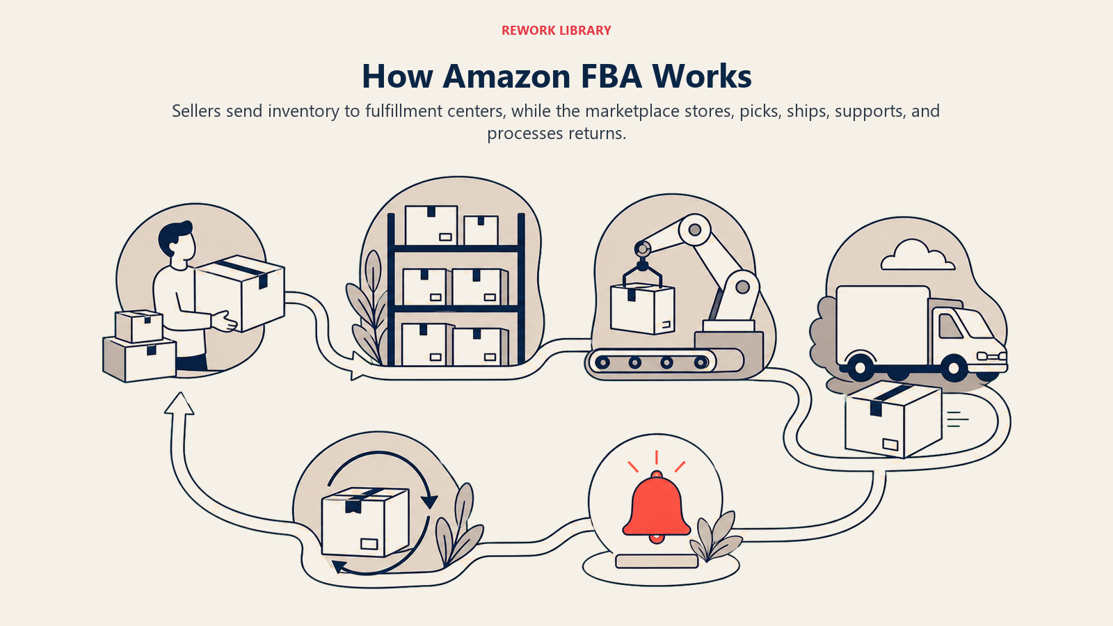 How Amazon FBA Works shown as FBA fulfillment journey in a Rework Library editorial illustration