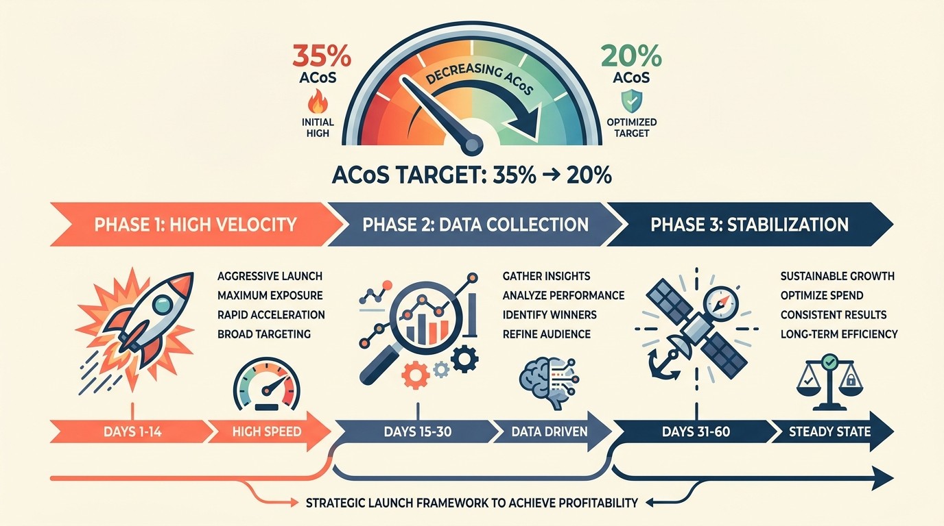 FBA launch strategy timeline with pre-launch optimization and PPC phases