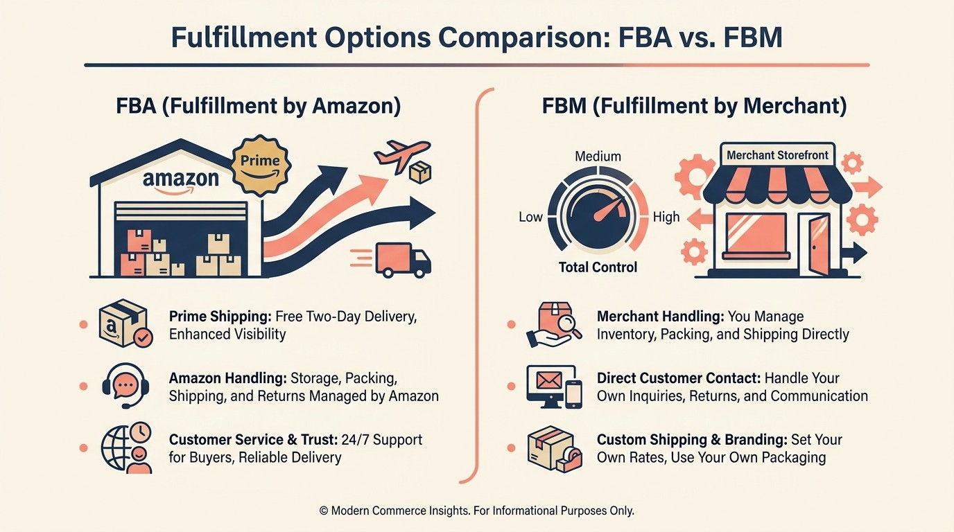 Amazon FBA fulfillment model showing seller inventory flow to Amazon warehouses