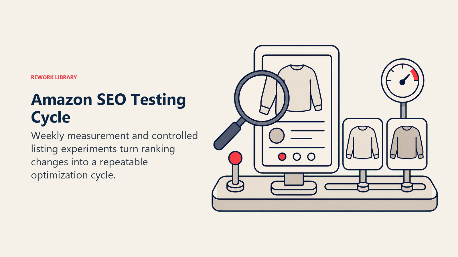 Amazon SEO Testing Cycle: a compact testing workbench with a product card, magnifier, two variant tiles, and a small monitoring dial, with one coral test marker