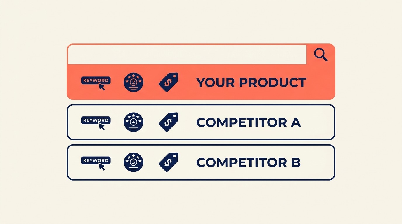 Competitive benchmarking dashboard comparing top 10 Amazon competitor listings by ranking factors