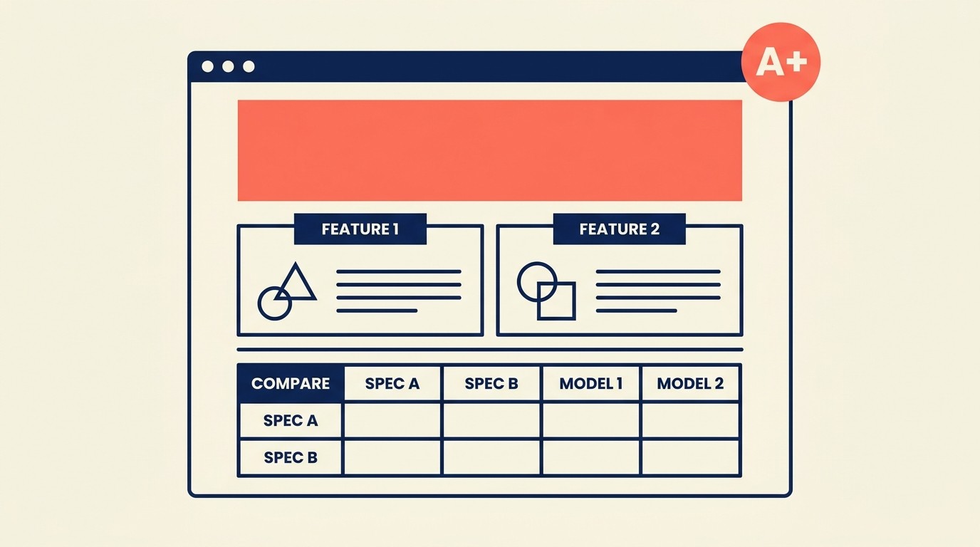 A+ Content layout featuring comparison charts, lifestyle imagery, and brand storytelling modules