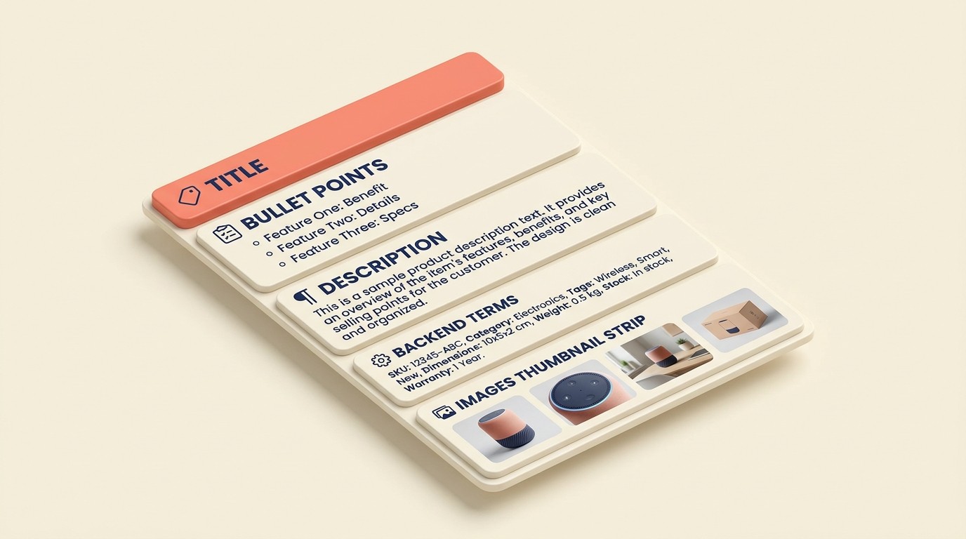 Amazon product listing anatomy highlighting title, bullets, description, and backend terms