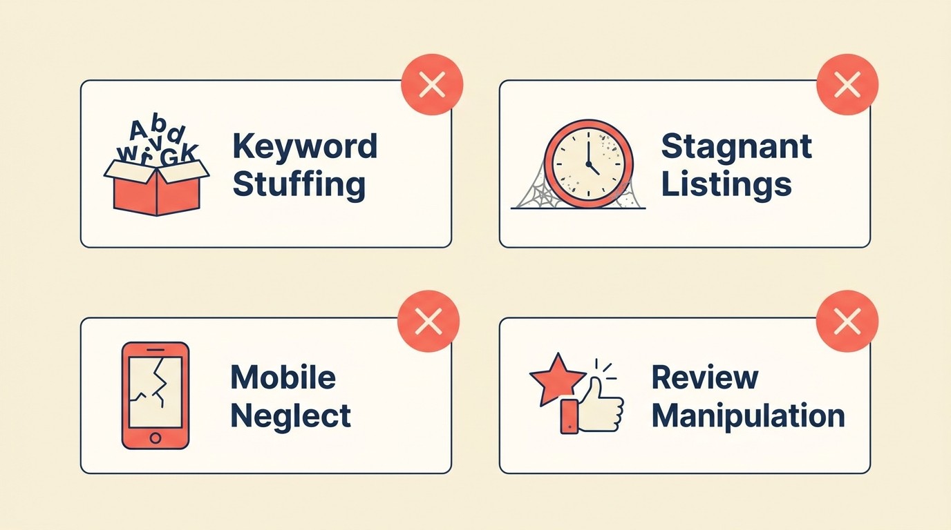 Common Amazon SEO mistakes including keyword stuffing, inconsistent info, and listing stagnation
