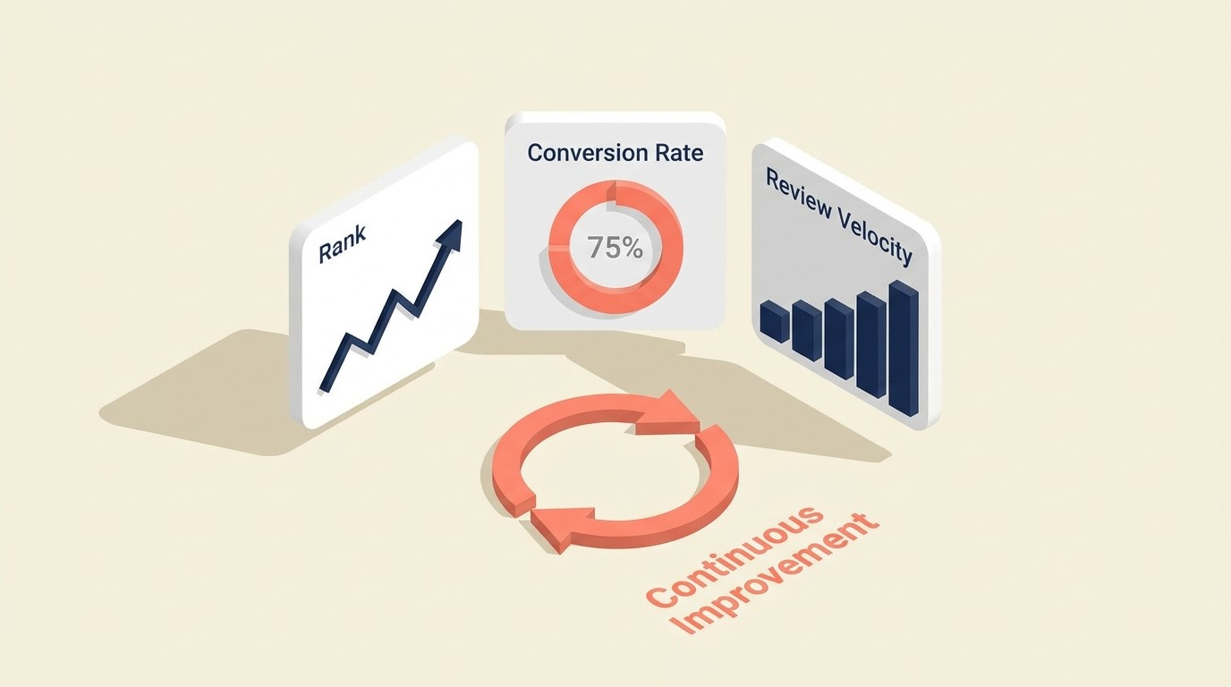 Monitoring dashboard tracking keyword rankings, CTR, conversion rate, and A/B test results