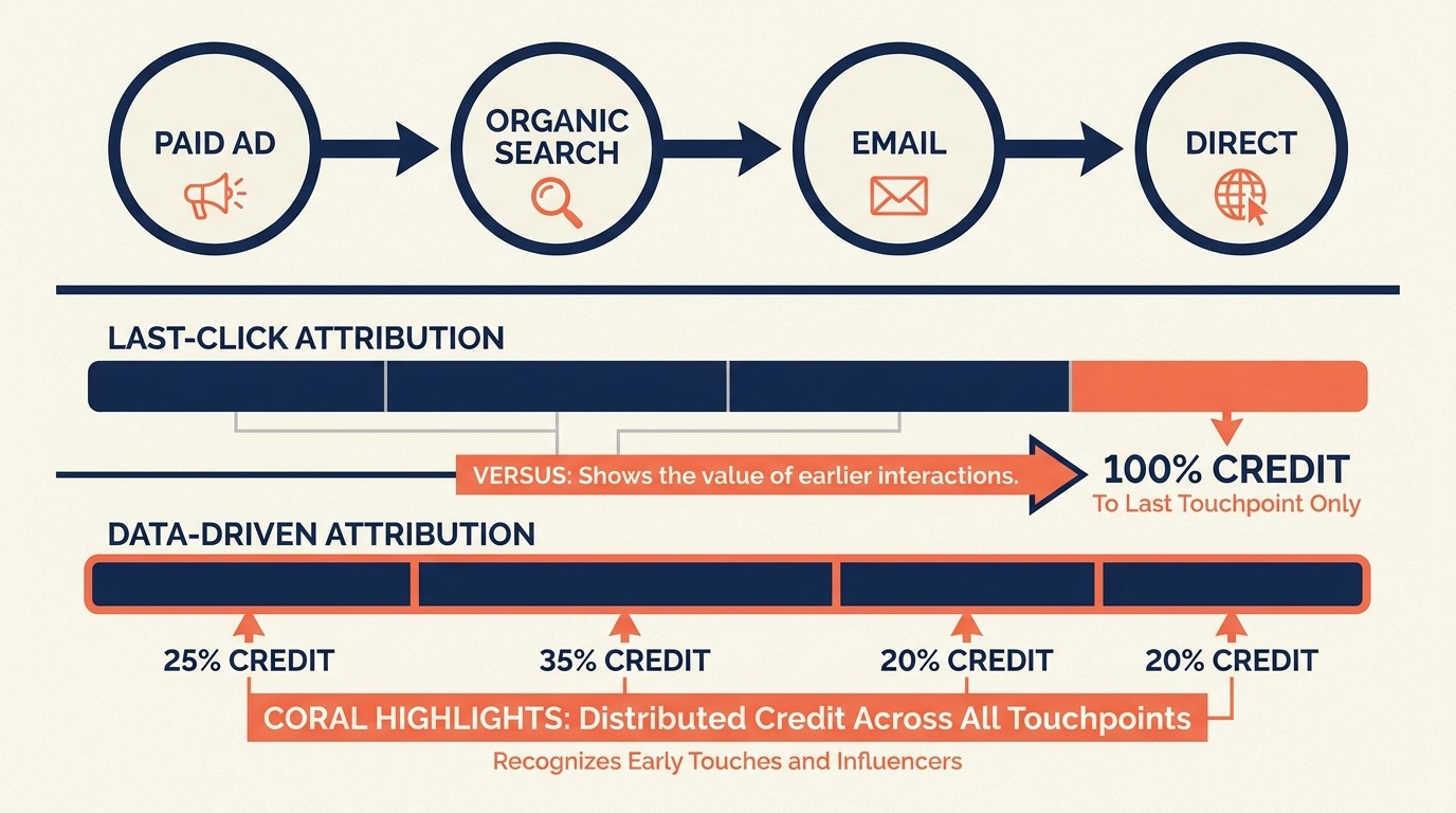 Attribution modeling comparing first-click, last-click, time decay, and data-driven models