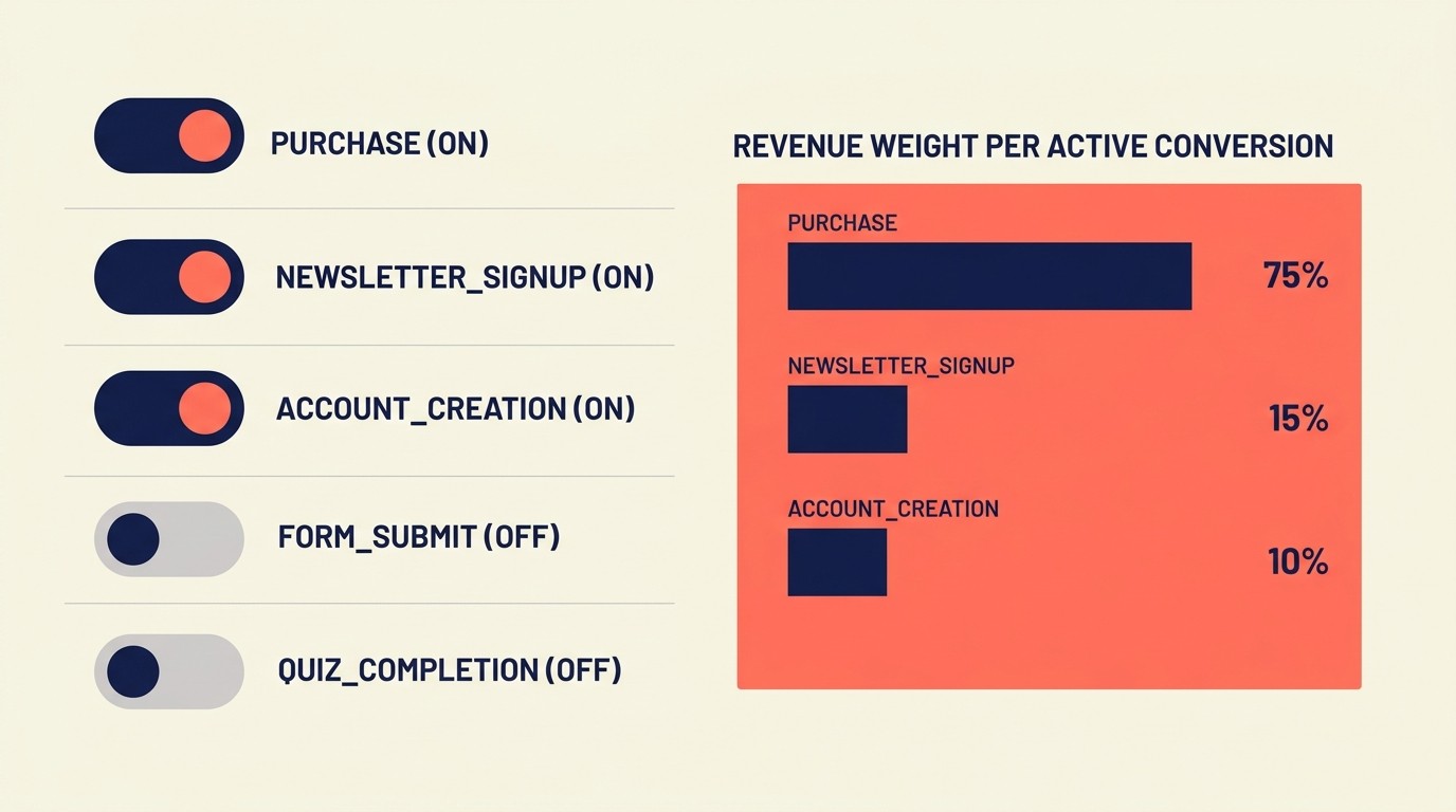 Conversion tracking setup marking key events as conversions for attribution and bidding