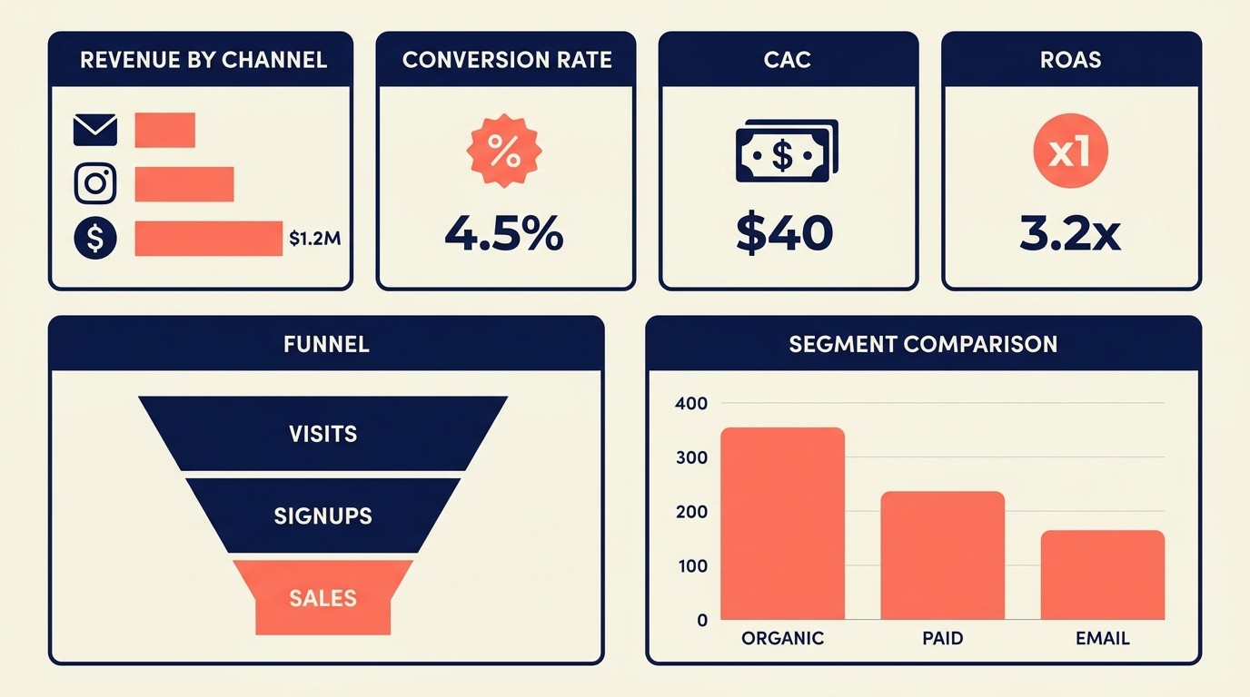 Custom GA4 dashboard with revenue by channel, funnel analysis, and conversion segments