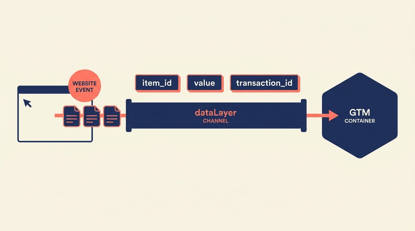 Data layer implementation structure bridging website code and GA4 tracking