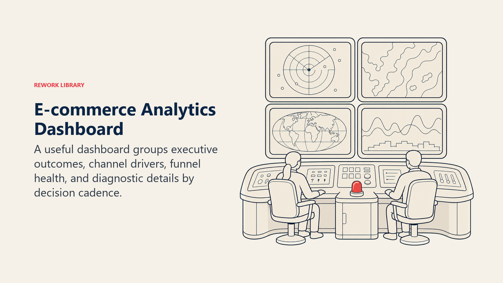 E-commerce Analytics Dashboard, illustrated as a calm control room with four large instrument zones and one coral alert light, no tiny UI or text