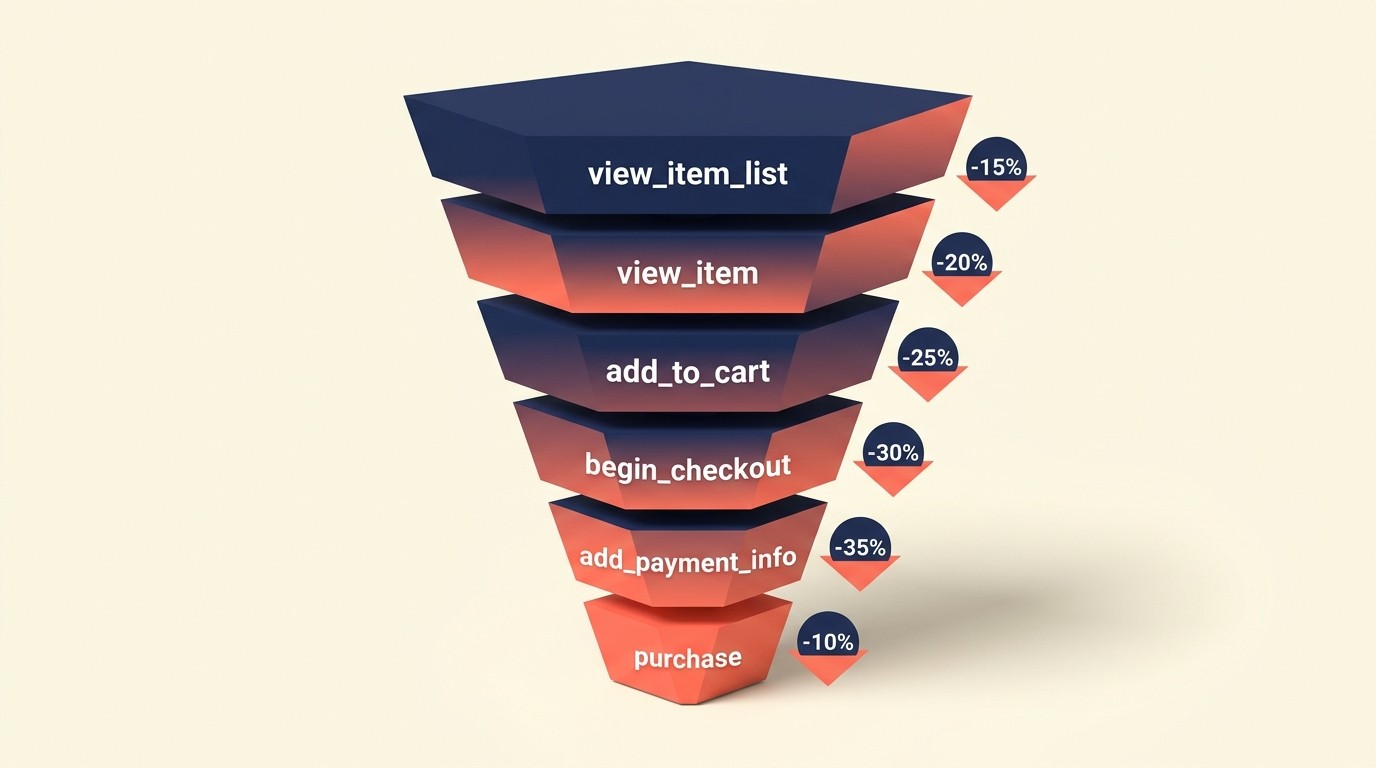 Core e-commerce events funnel from view_item to purchase in GA4