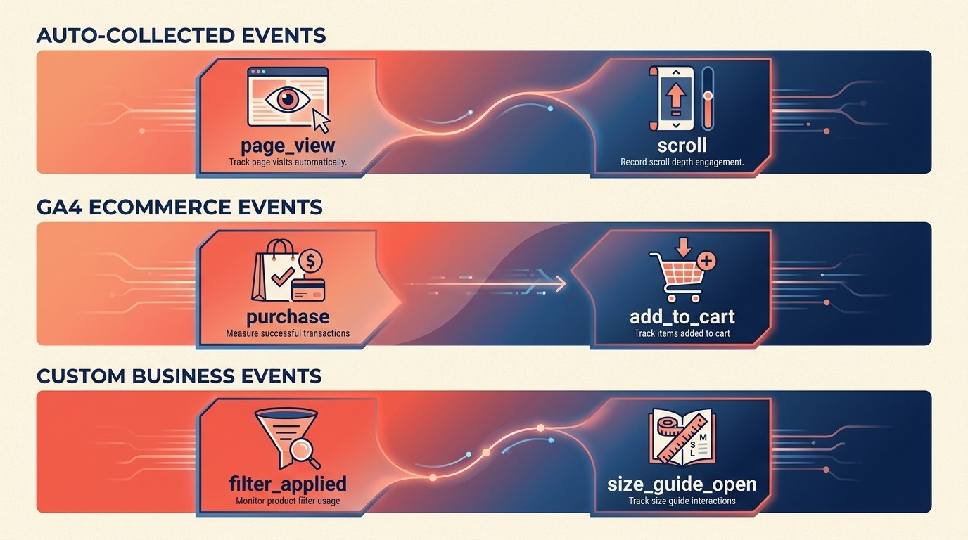 Event tracking architecture showing automatic, e-commerce, and custom events in GA4
