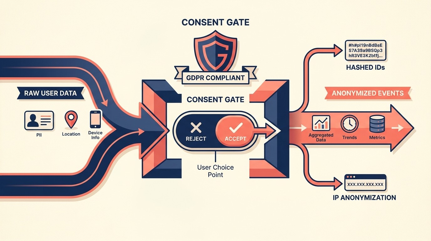 Privacy compliance framework covering GDPR consent, anonymization, and data retention