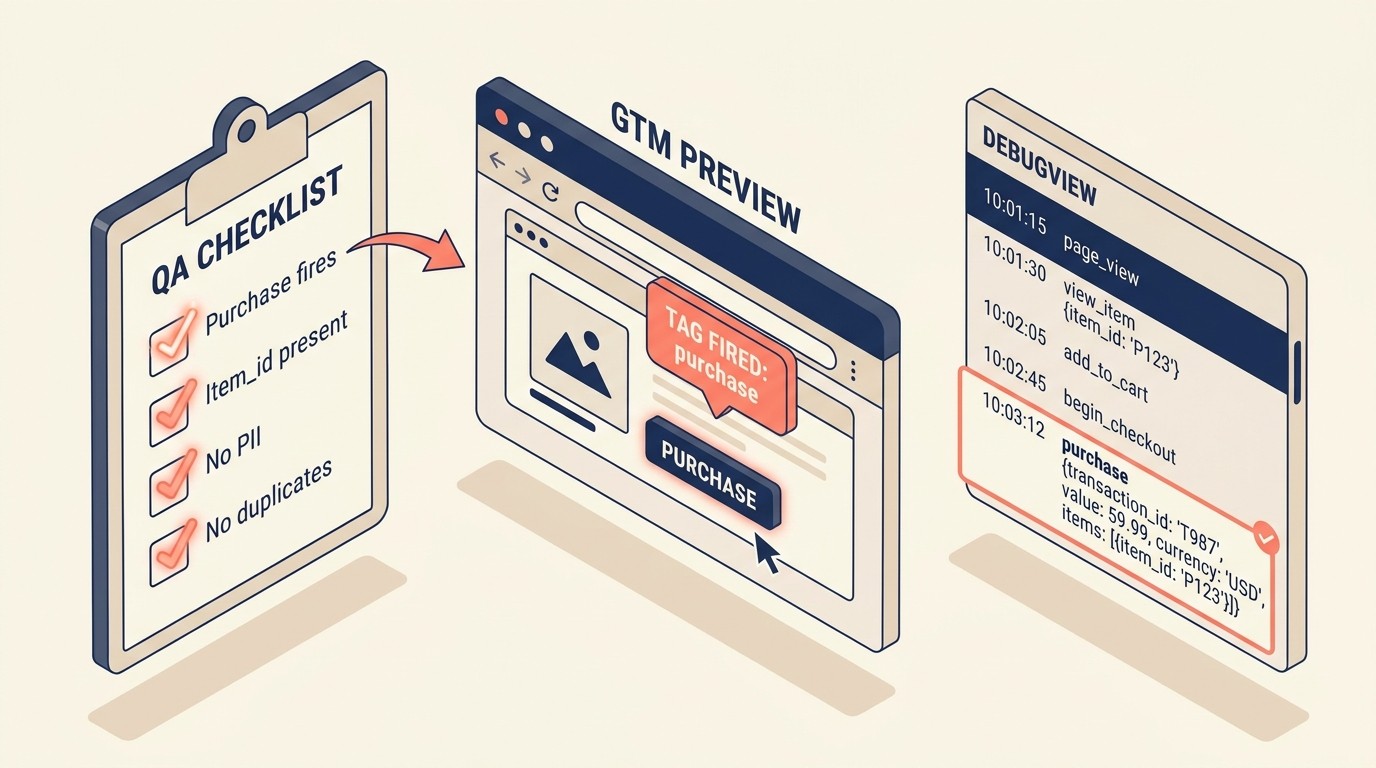 QA and validation workflow using GTM Preview and GA4 DebugView to verify tracking
