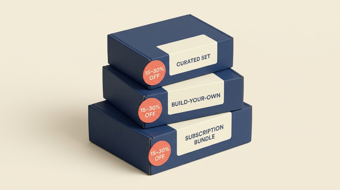 Product bundling strategies showing curated sets, build-your-own, and subscription bundles