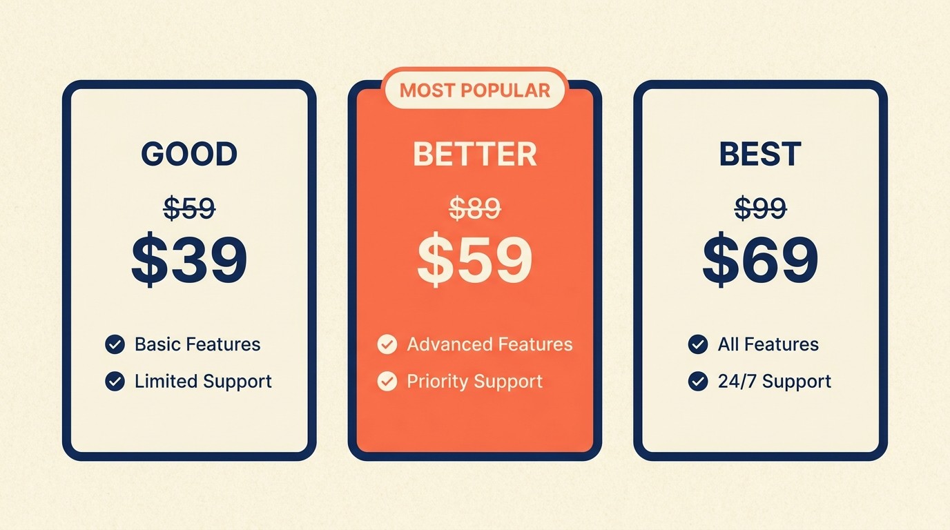 Pricing psychology techniques including charm pricing, anchoring, and decoy tiers