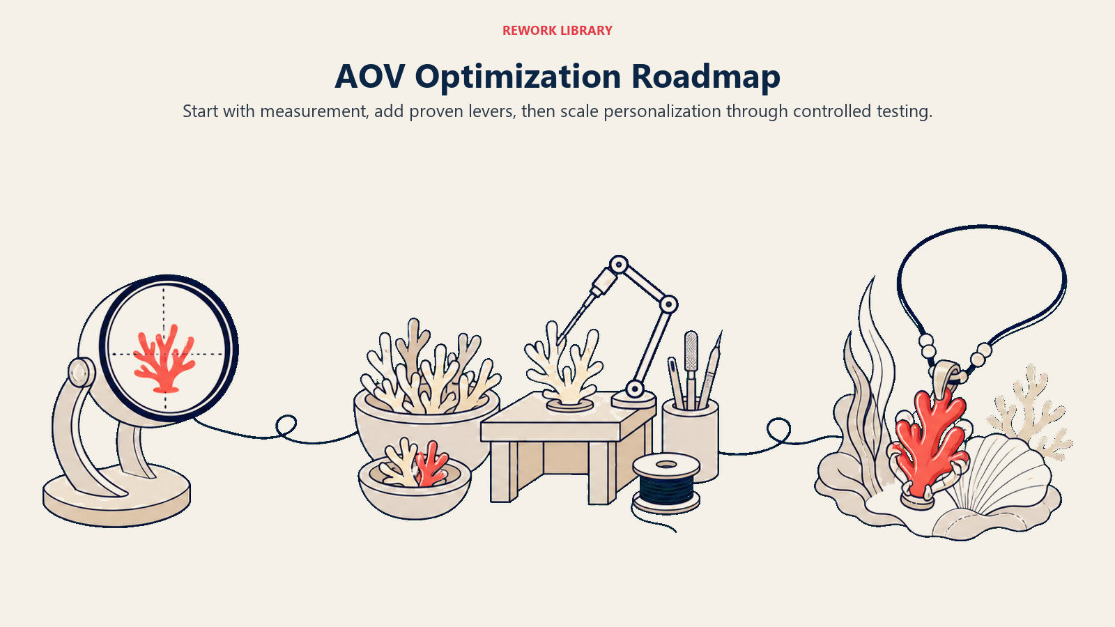 AOV Optimization Roadmap illustrated with a wide three-phase route from a measuring lens through a bundle workshop to a personalized coral destination