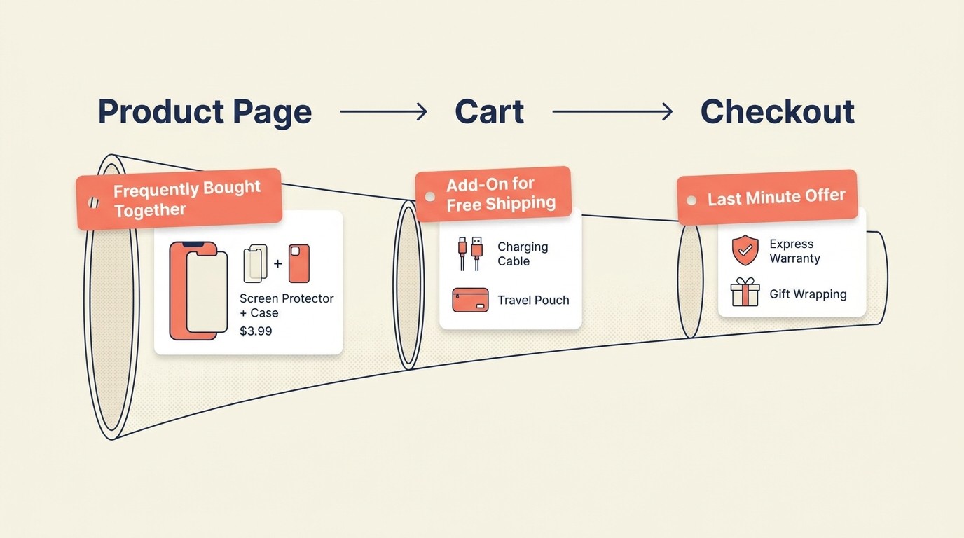 Upsell and cross-sell placement across product page, cart, and checkout stages