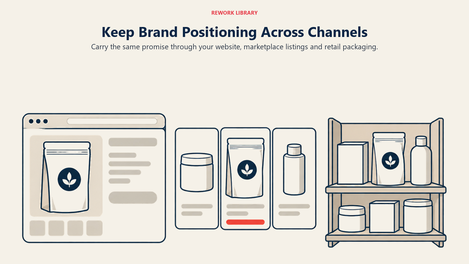 One consistent product promise carried through a website, marketplace listing and retail shelf.