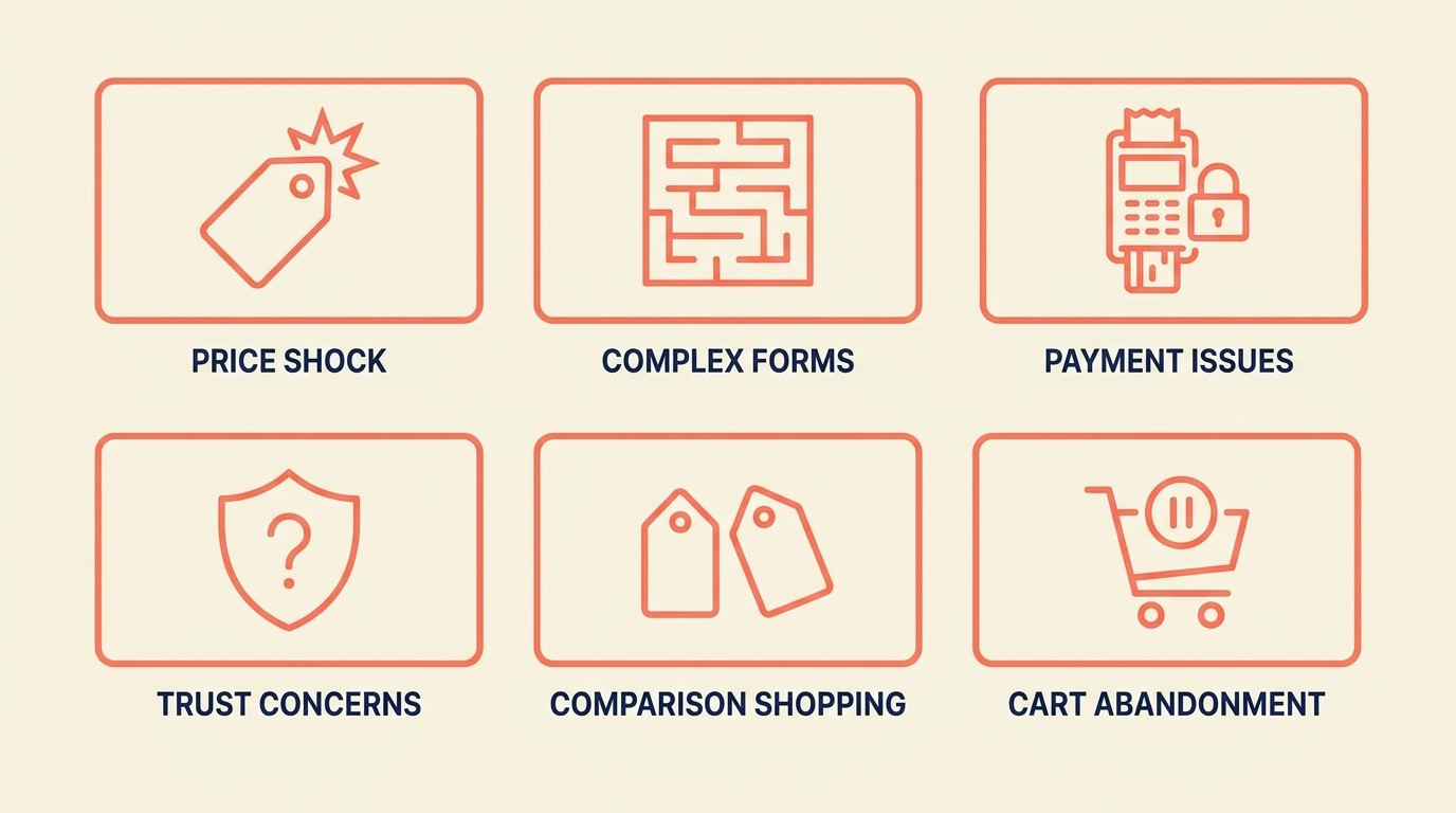 Six cart abandonment triggers including unexpected costs, checkout friction, and price sensitivity