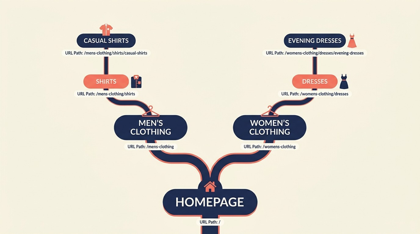 Hierarchical e-commerce category architecture showing homepage to subcategory tree structure