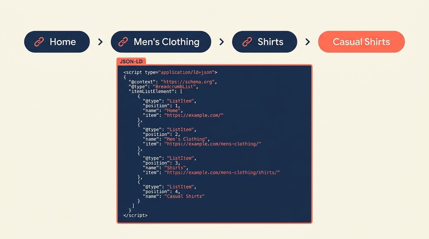 Breadcrumb navigation trail showing Home to Men's Clothing to Shirts to Casual Shirts hierarchy