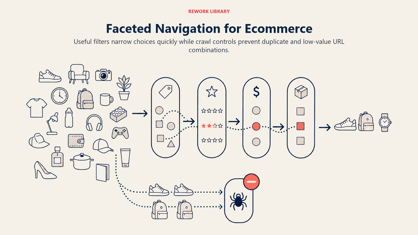 Faceted Navigation for Ecommerce, illustrated with facet filter field.
