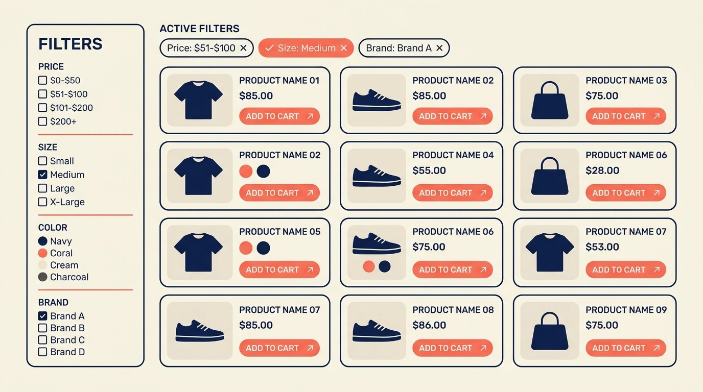 Faceted navigation filter panel with price, size, color, and brand options for e-commerce category