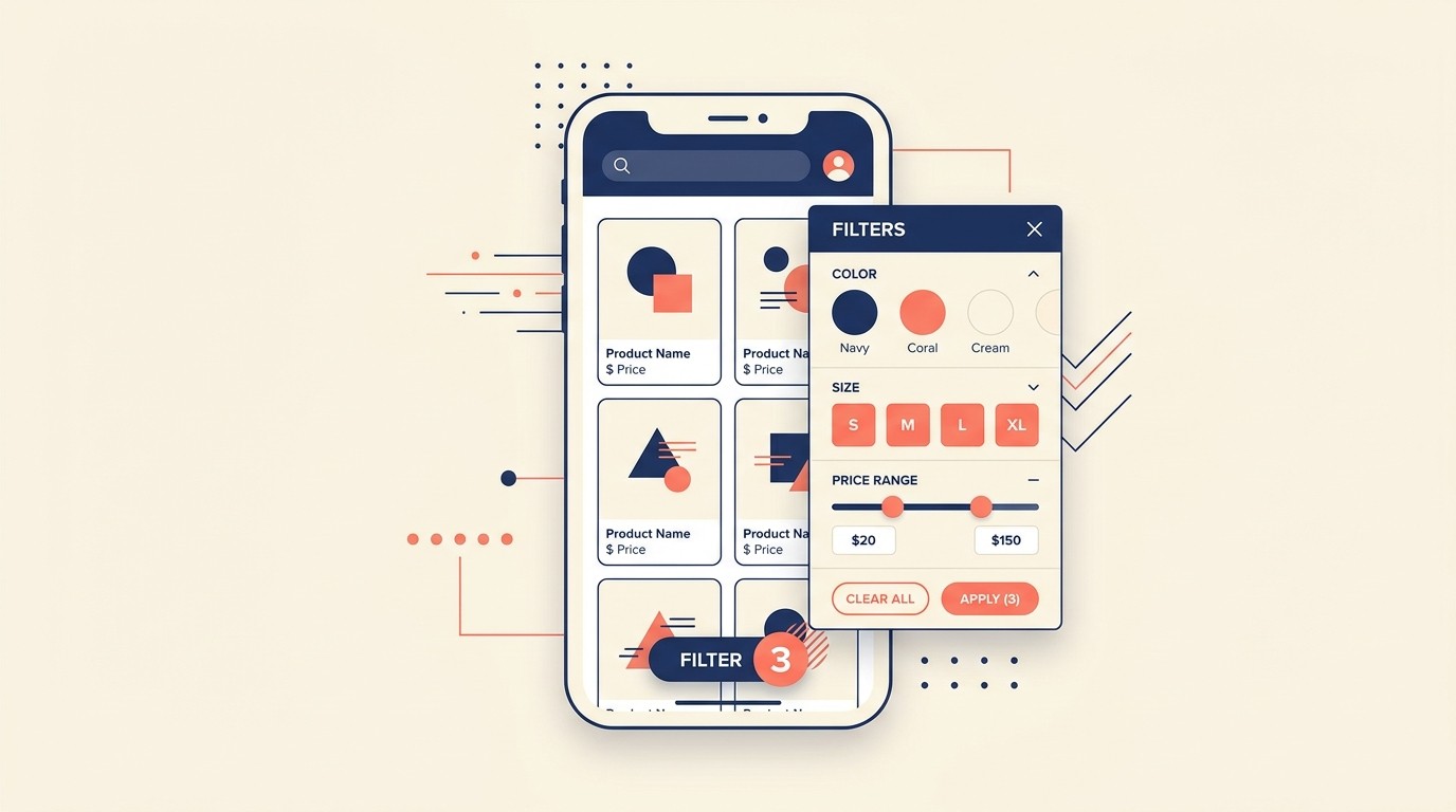Mobile e-commerce category page with slide-out filter panel and touch-friendly product grid