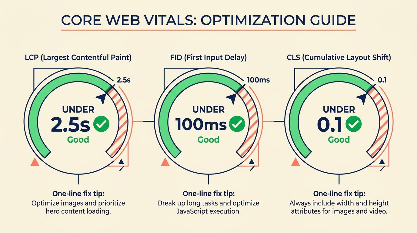 Category page performance metrics dashboard showing Core Web Vitals LCP, FID, and CLS scores