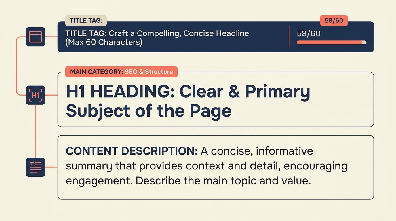 On-page SEO foundation elements for category pages including title tags, H1, schema markup
