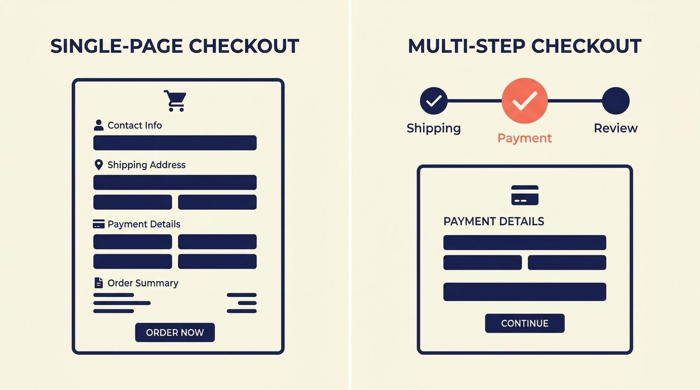Single-page versus multi-step checkout flow comparison with progress indicators