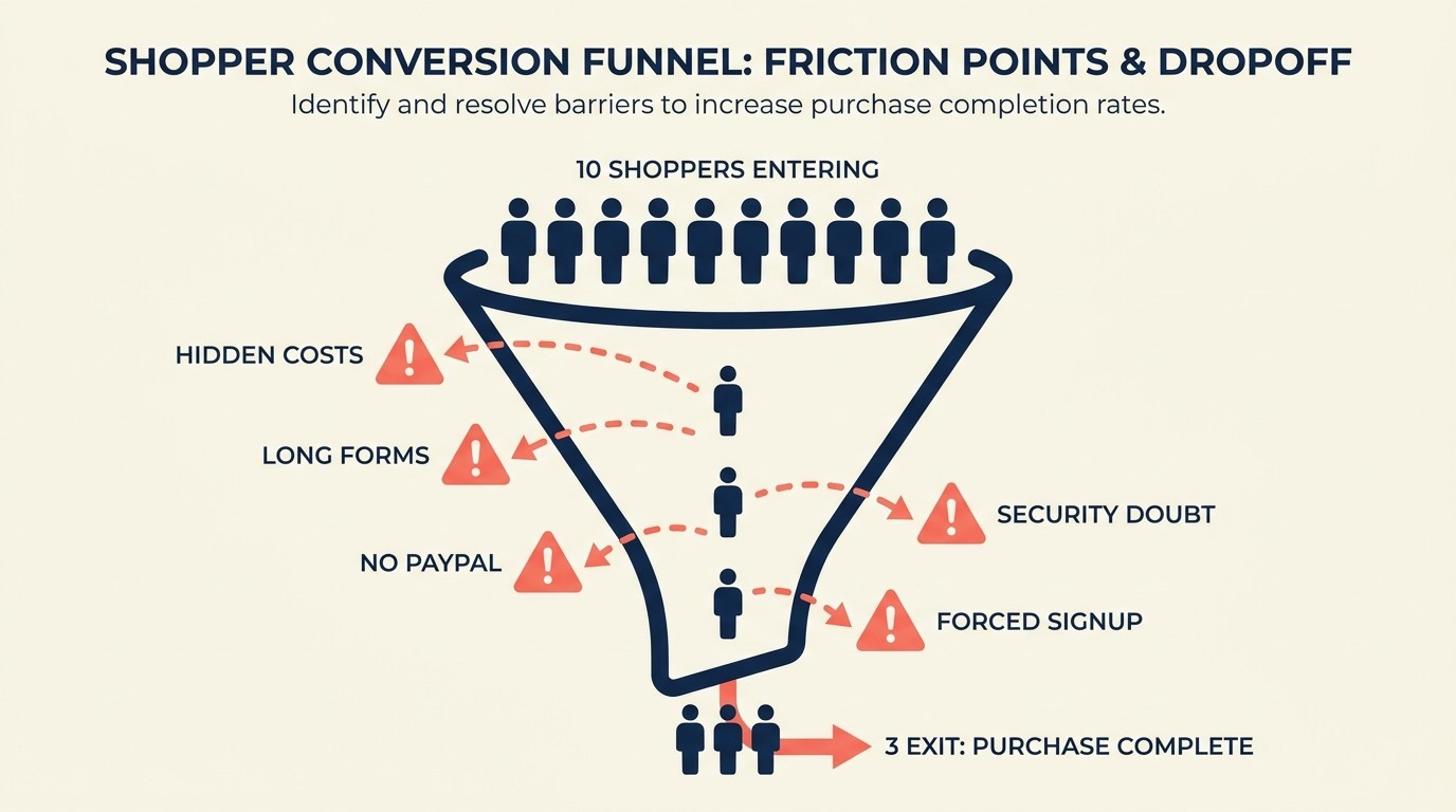 Checkout friction points causing 70% abandonment including unexpected costs and complex forms