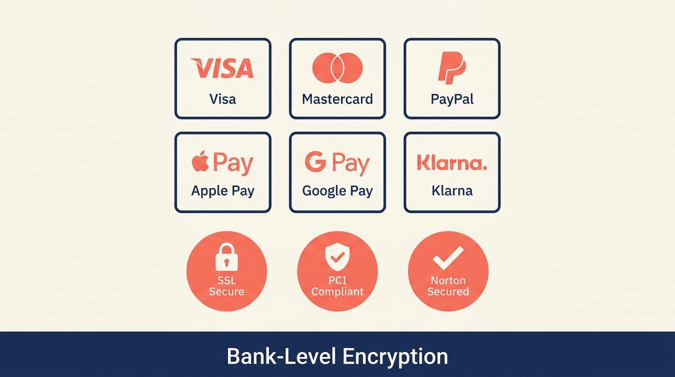 Multiple payment methods including cards, PayPal, Apple Pay, and Buy Now Pay Later with trust badges