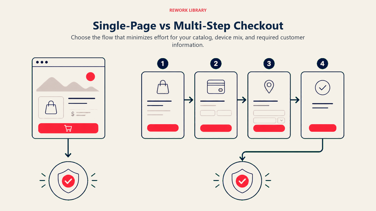 Single-Page vs Multi-Step Checkout illustrated as a wide direct comparison shows one compact single-page lane versus a clearly staged multi-step lane, converging on the same confirmation token