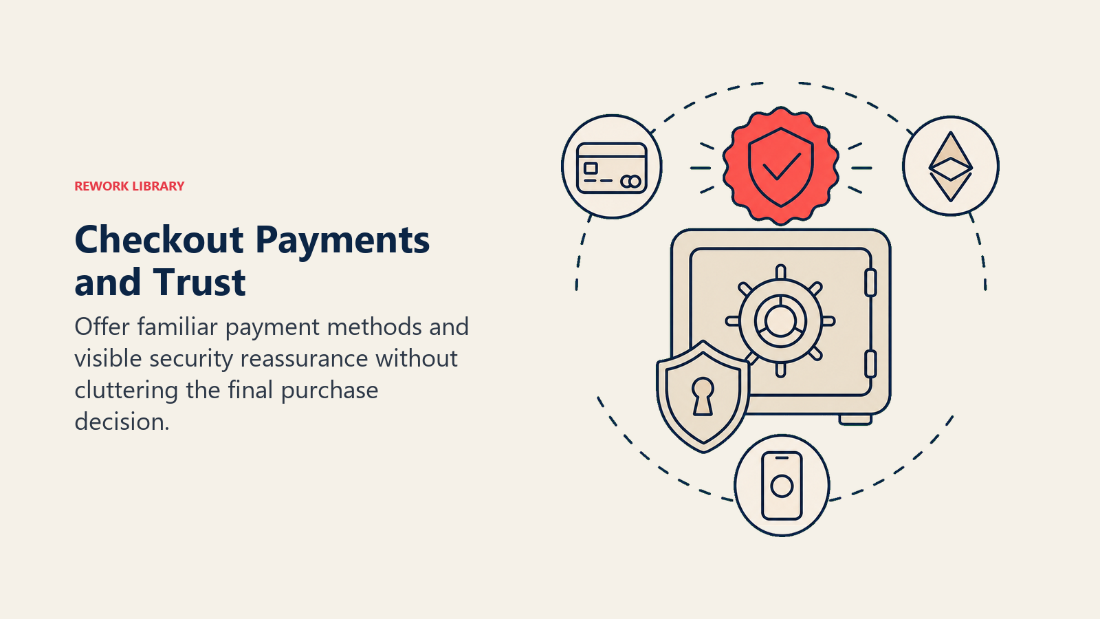Checkout Payments and Trust illustrated as a secure wallet vault holds several distinct payment tokens around one coral trust seal, no logos or text
