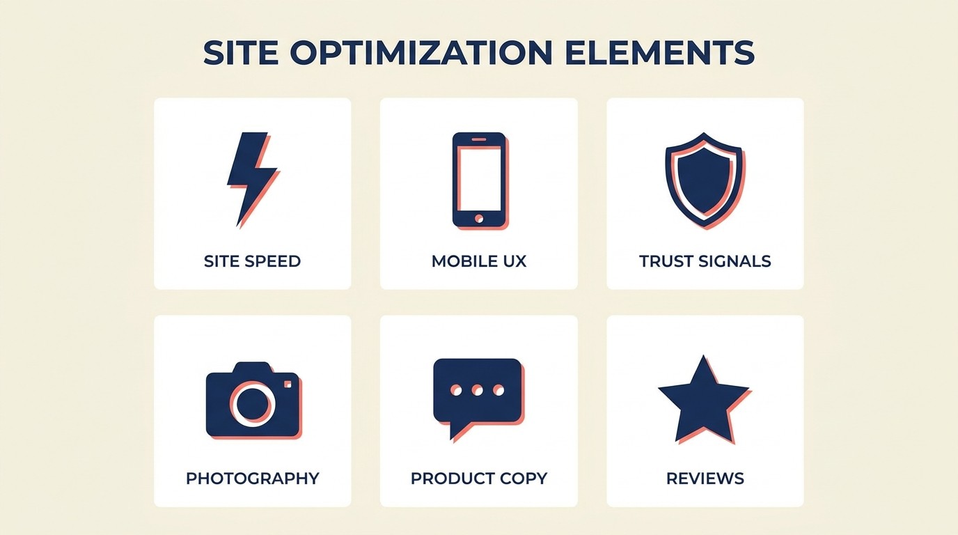 Critical conversion elements including site speed, mobile optimization, trust signals, photography and reviews