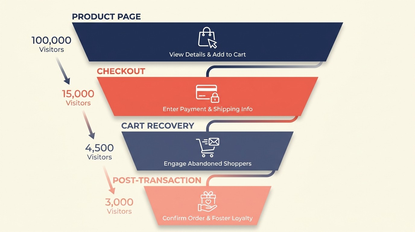 E-commerce funnel stages from product page through checkout to post-transaction optimization