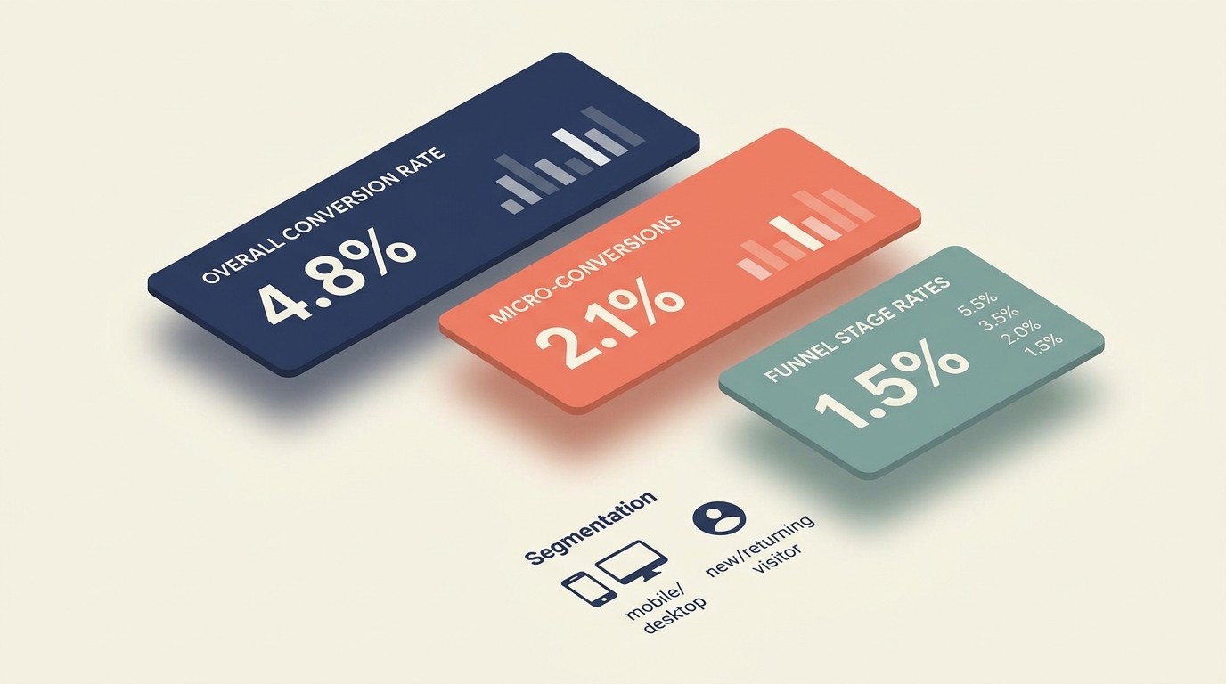 Dashboard of key conversion metrics including overall rate, micro and macro conversions, and funnel stages