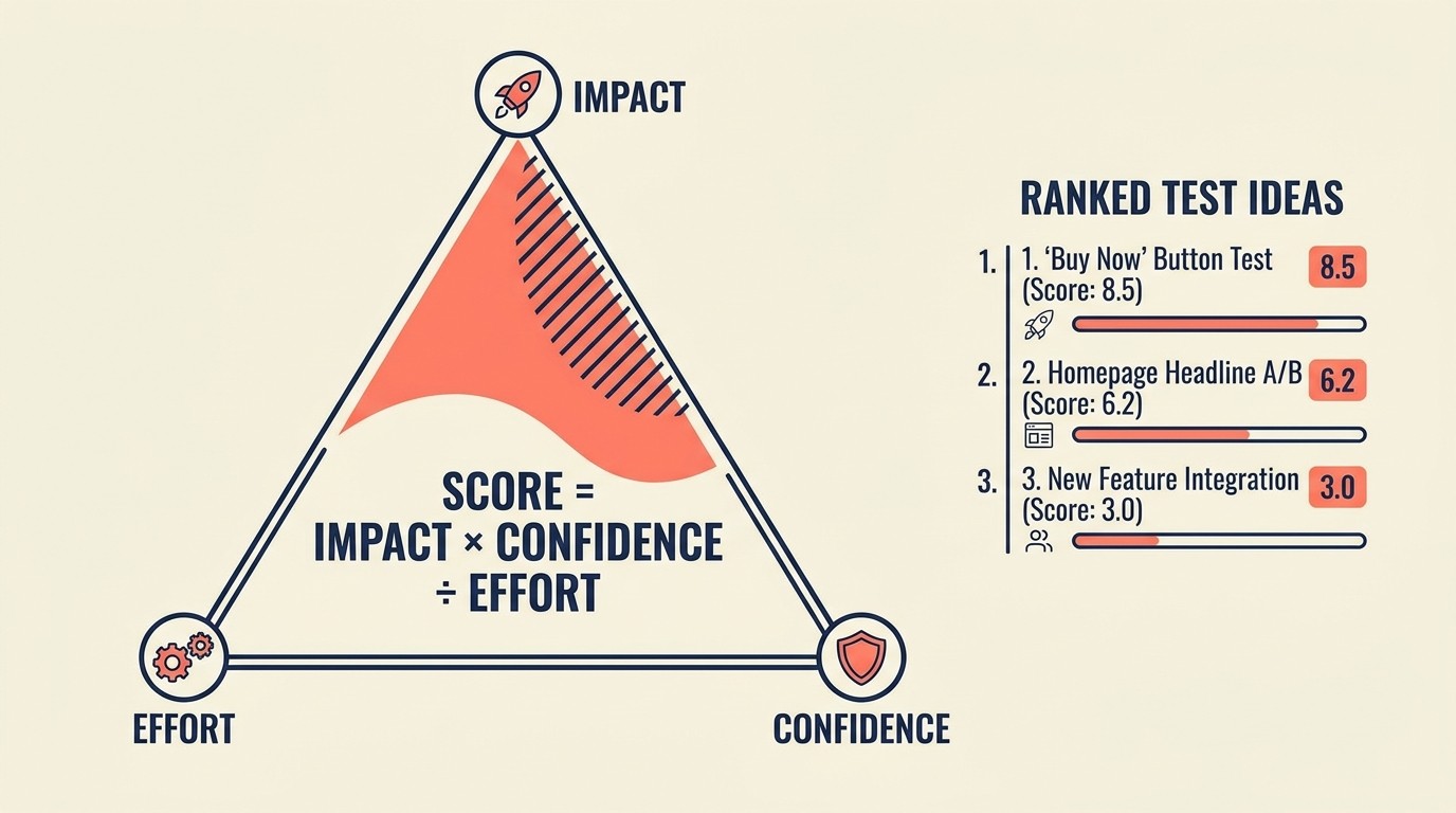 Test prioritization scoring matrix weighing impact, confidence and implementation effort