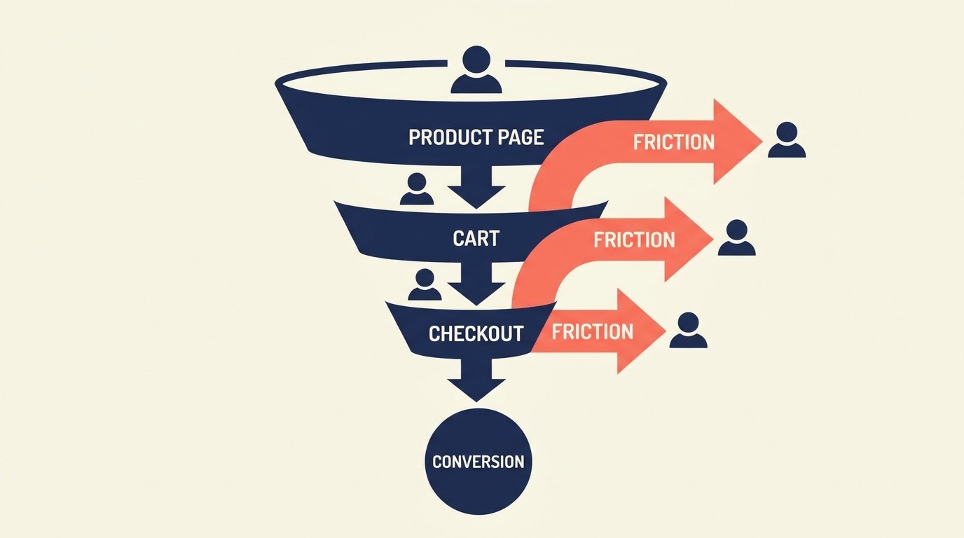 Diagram showing CRO as systematic friction reduction across e-commerce decision points