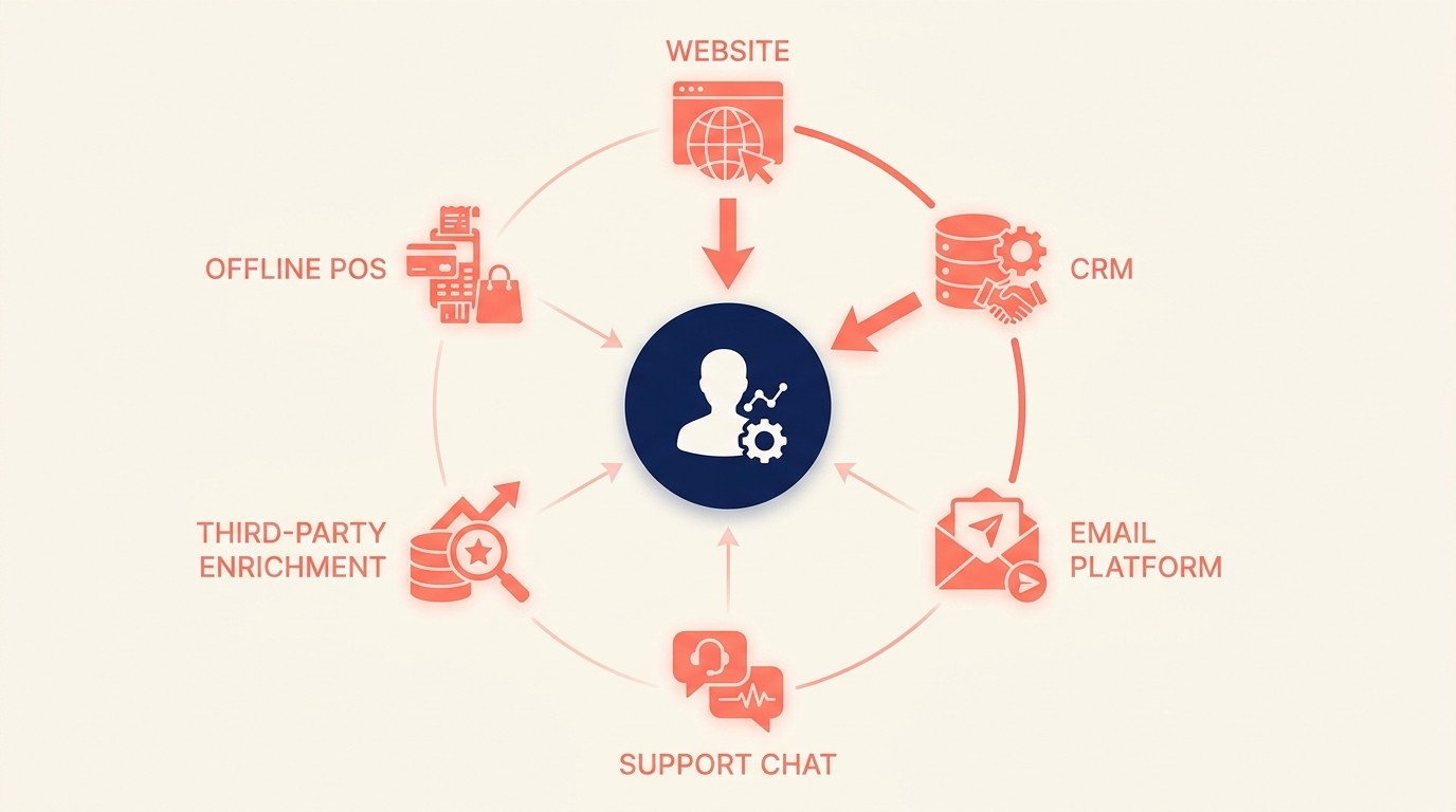 Customer data sources feeding into a unified CDP profile